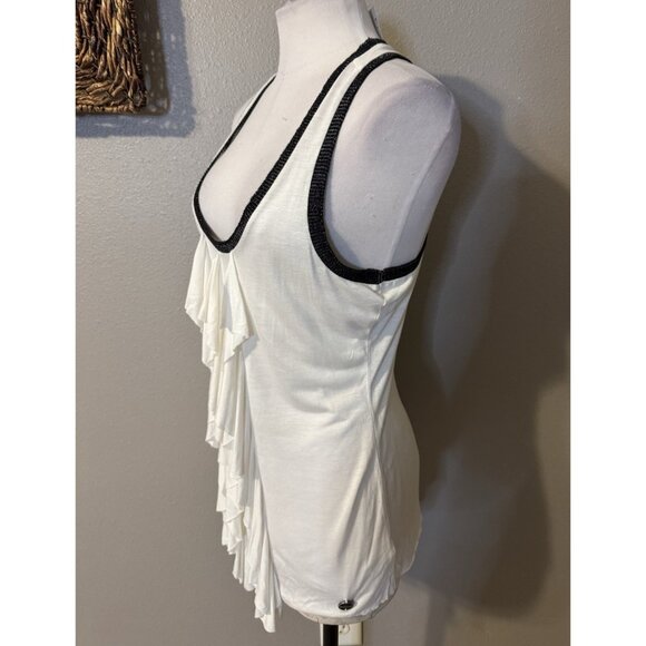 Guess LA Tank Top L Large White Black Silver Trim Ruffle Racerback NEW NWT - Picture 4 of 13